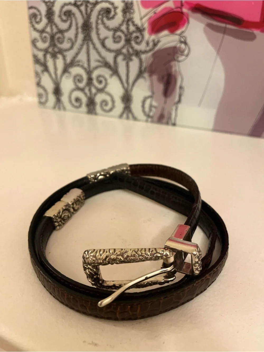 Brighton Skinny Croc-Embossed Belt with Floral Silver Buckle & Hardware
